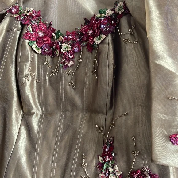 Rose Taft Mother of the Bride two-piece gown W BOLERO OLIVE BURGUNDY BEAD Custom
